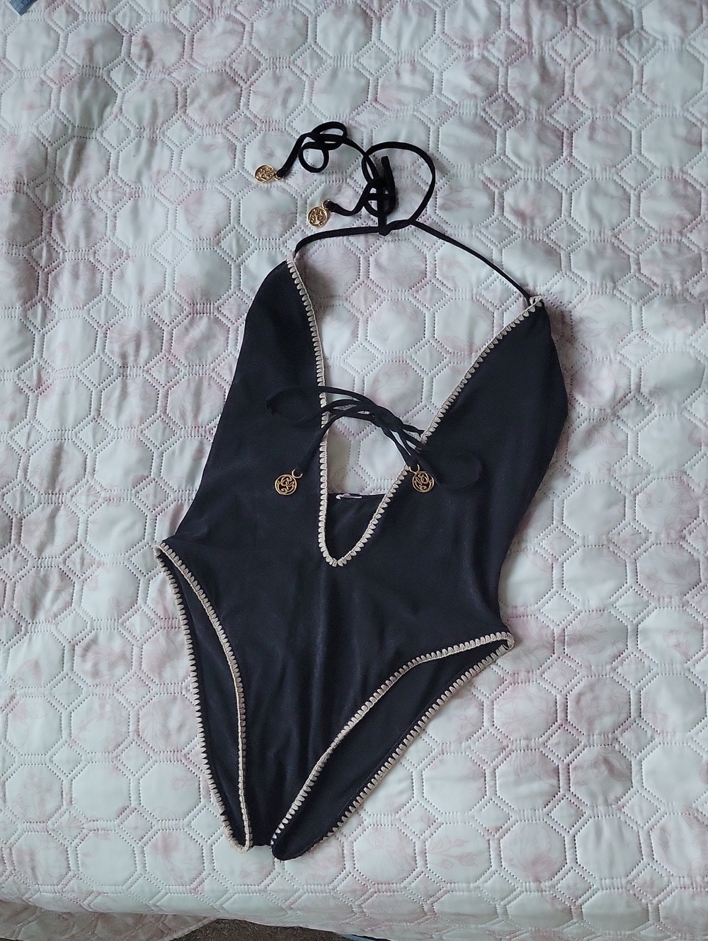Luli fama Black One-Piece Swimsuit with Cream Trim